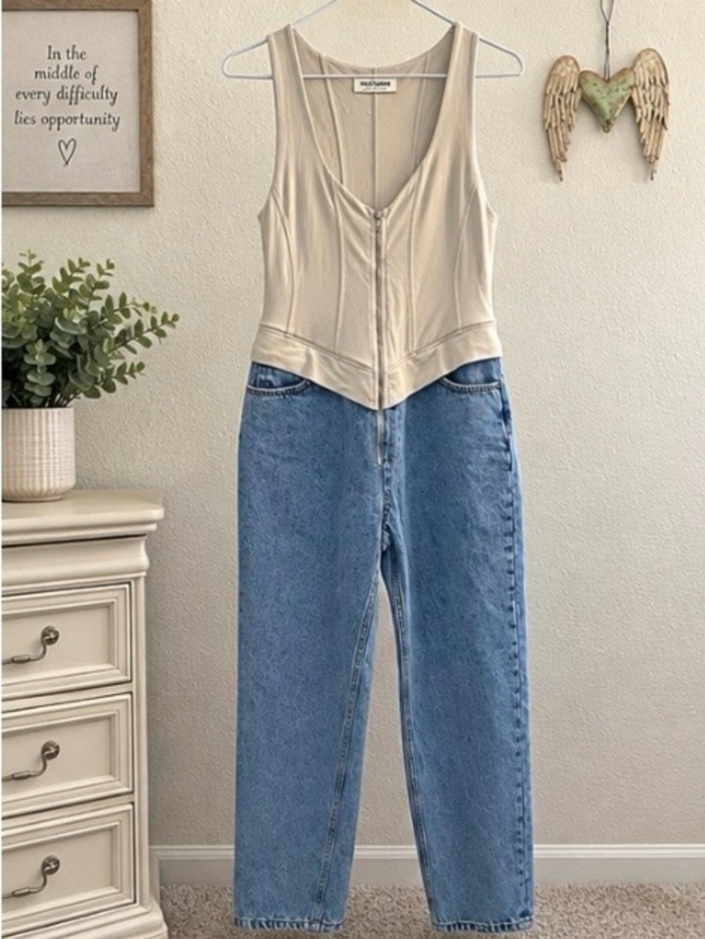 Neutral Corset-Top Denim Jumpsuit - Cream & Light Blue